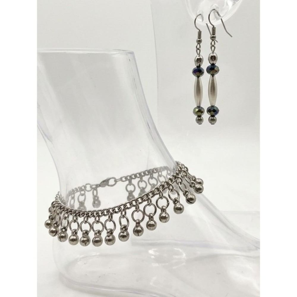Boho Bracelet & Dangle Earrings Set Silver Tone Beaded Jewelry SKUJ029